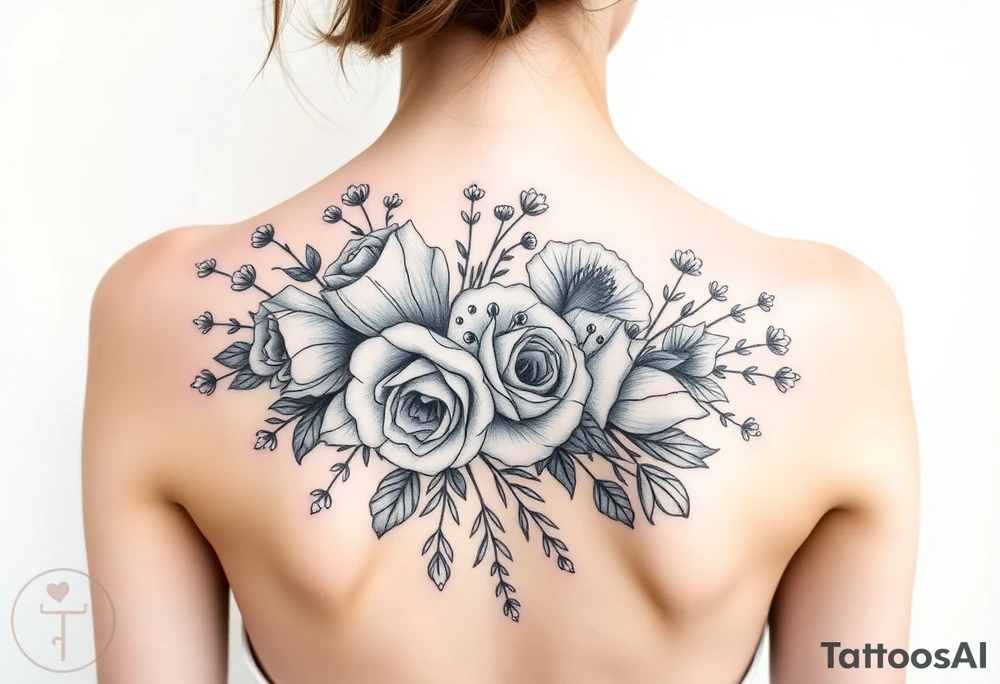 vintage bouquet of wild roses and meadow flowers with morning dew tattoo idea