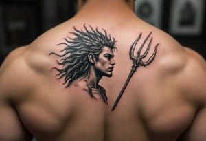 young poseidon, with trident, looking at the horizon tattoo idea