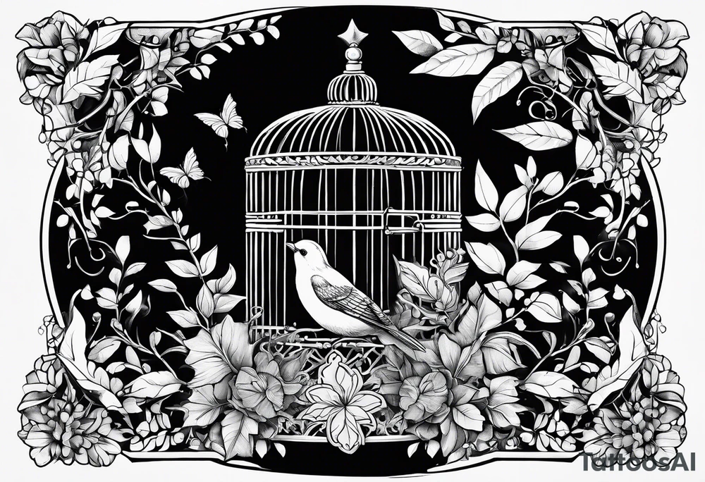 bird cage decorated with sketchy foliage on top on the left tattoo idea