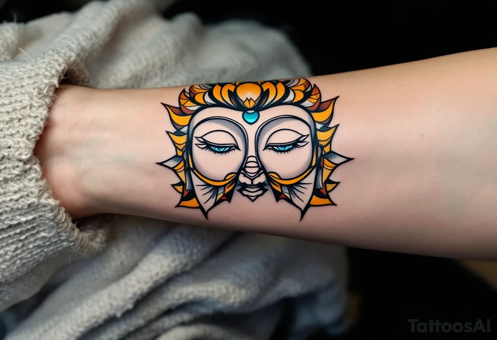 The Buddha Eyes (Wisdom Eyes) – A pair of calm eyes looking out from a stupa, usually with a spiral symbol in place of the nose, often colored in gold, white, and royal blue. tattoo idea