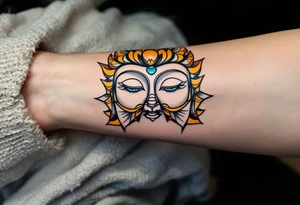 The Buddha Eyes (Wisdom Eyes) – A pair of calm eyes looking out from a stupa, usually with a spiral symbol in place of the nose, often colored in gold, white, and royal blue. tattoo idea