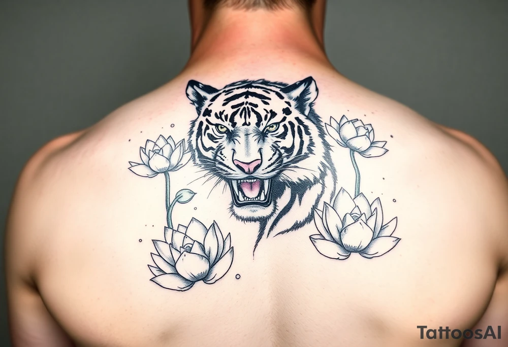fierce tiger emerging through blooming lotus flowers in mist tattoo idea
