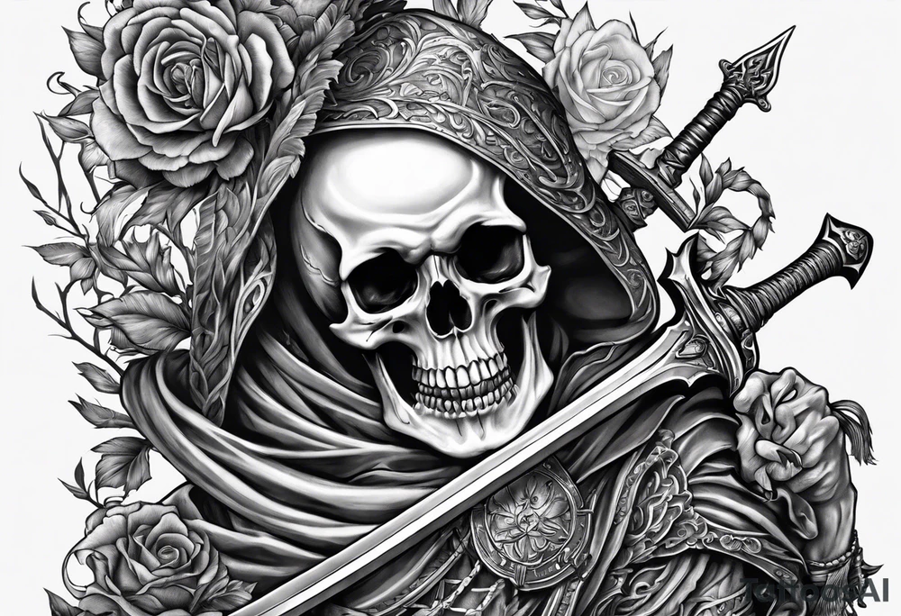 Two Skeletons both reaching for a sword tattoo idea