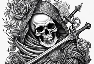 Two Skeletons both reaching for a sword tattoo idea