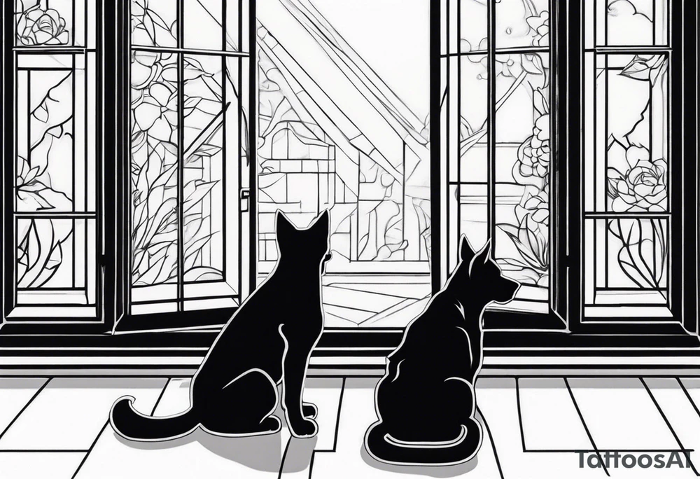 dog and cat sitting on floor and looking out tall thin window together tattoo idea
