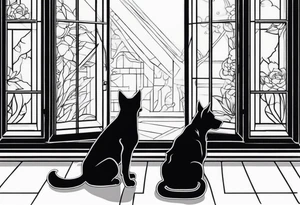 dog and cat sitting on floor and looking out tall thin window together tattoo idea