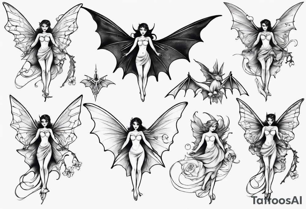 Fairy flying with bat tattoo idea