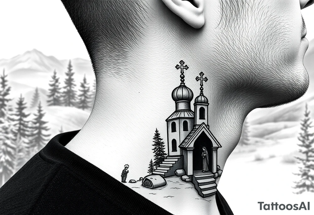 russian design traditional christian orthodox cross with a virgin mary stood beside the entrance of a russian orthodox dome church on the side of the neck in a wilderness setting with the design spread out the side of the neck tattoo idea