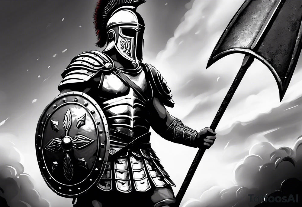 high quality black and white illustration, full body image, a strong tall roman centurion, wearing armour, wearing a belt, wearing a metal breastplate, holding a large shield, wearing a helmet, holding a sword. Flaming arrows are being fired at the centurion, he is blocking the arrows with his shield tattoo idea