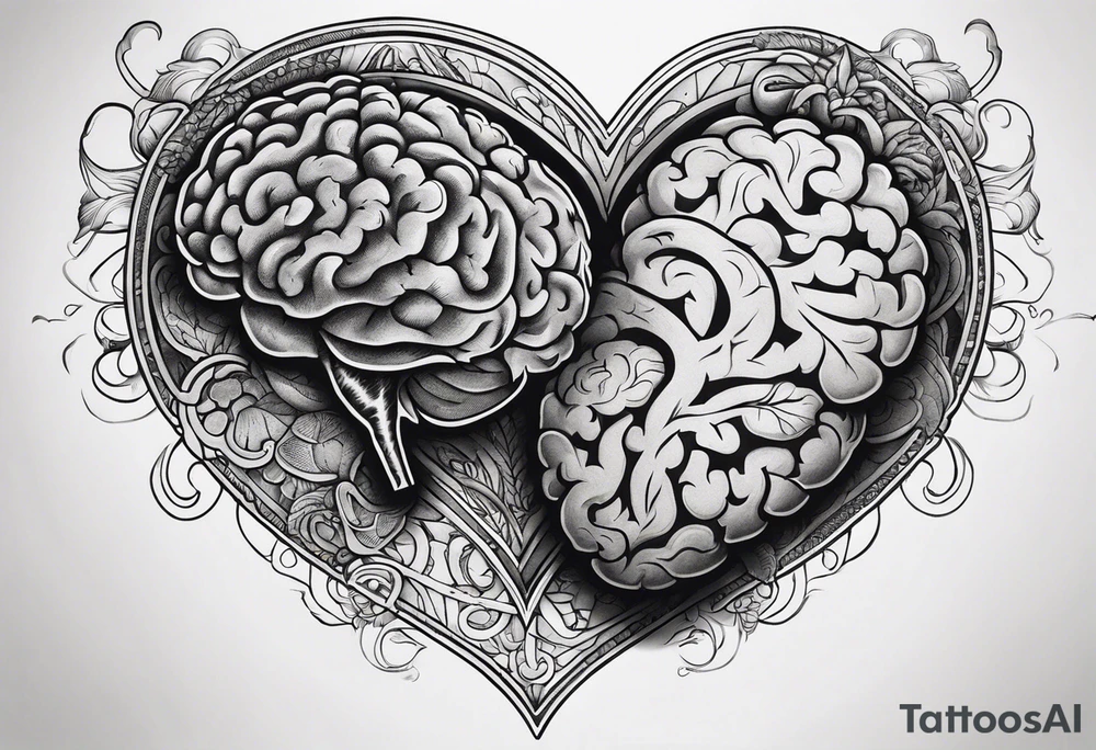 Heart and brain with a line down the middle symbolizing balance tattoo idea