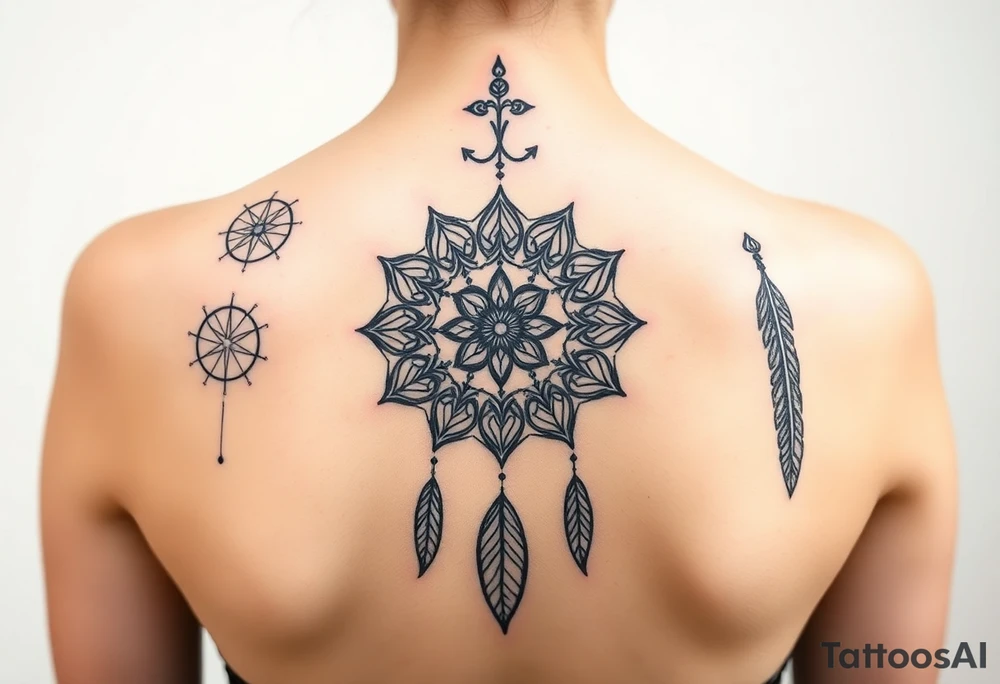 shaman symbols and one big mandala and one little mandala and feathers wicca witch spiritual and sami culture big whole back tattoo idea