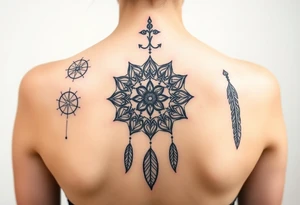 shaman symbols and one big mandala and one little mandala and feathers wicca witch spiritual and sami culture big whole back tattoo idea