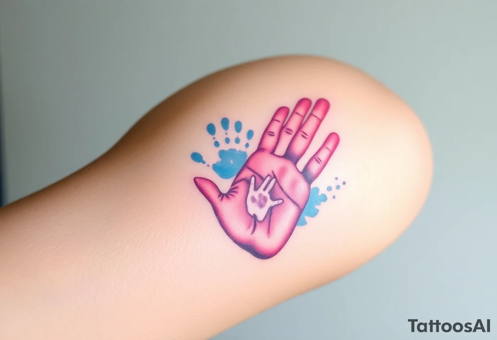 Tattoo of two hand prints, while a tiny handprint placed inside a larger one, shaded in watercolor pastels (light pink, baby blue, and soft lavender), representing growth and connection tattoo idea