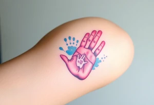 Tattoo of two hand prints, while a tiny handprint placed inside a larger one, shaded in watercolor pastels (light pink, baby blue, and soft lavender), representing growth and connection tattoo idea