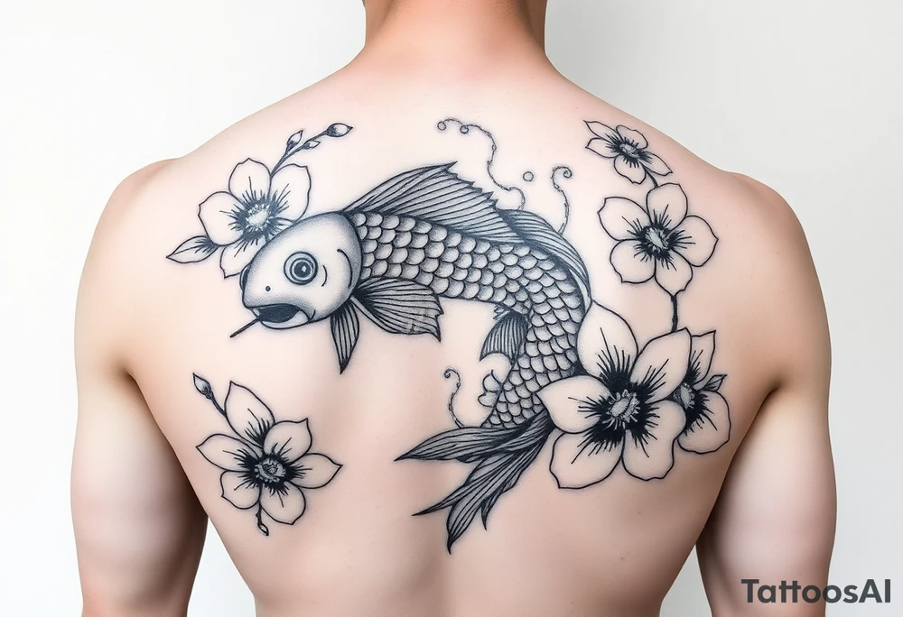 2004 in bold with big koi fish and Japanese blossoms tattoo idea