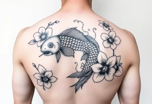 2004 in bold with big koi fish and Japanese blossoms tattoo idea