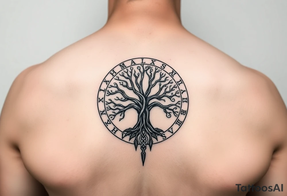 yggadrisl tree of life with circle of runes tattoo idea