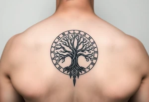 yggadrisl tree of life with circle of runes tattoo idea