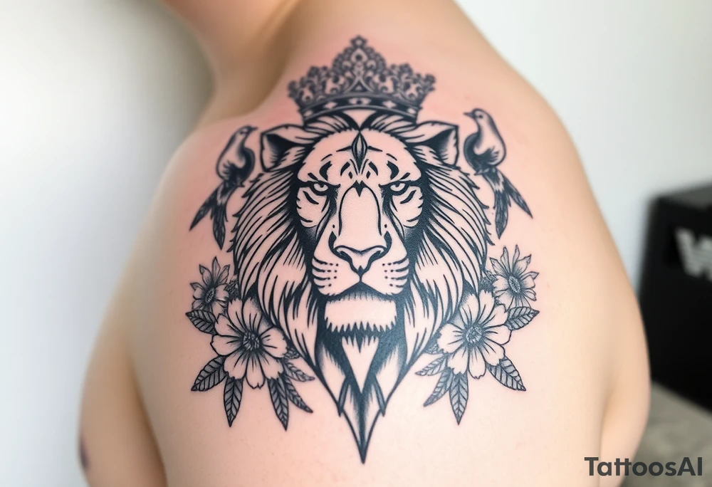 powerful majestic lion with a crown, surrounded by floral ornaments and birds tattoo idea