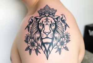 powerful majestic lion with a crown, surrounded by floral ornaments and birds tattoo idea