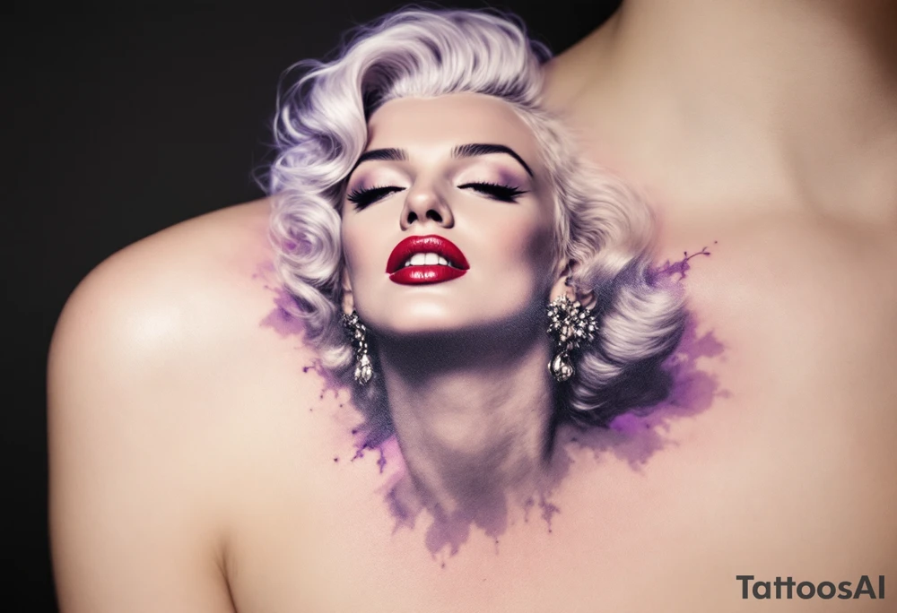 Glamour Marilyn Monroe shot in black and white with a soft purple gradient behind her head. tattoo idea