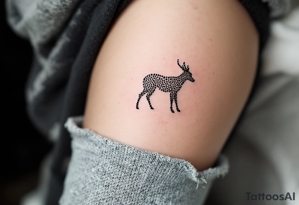 Dot-to-dot animal silhouette in black ink on the thigh – Looks like a minimalist connect-the-dots drawing. tattoo idea