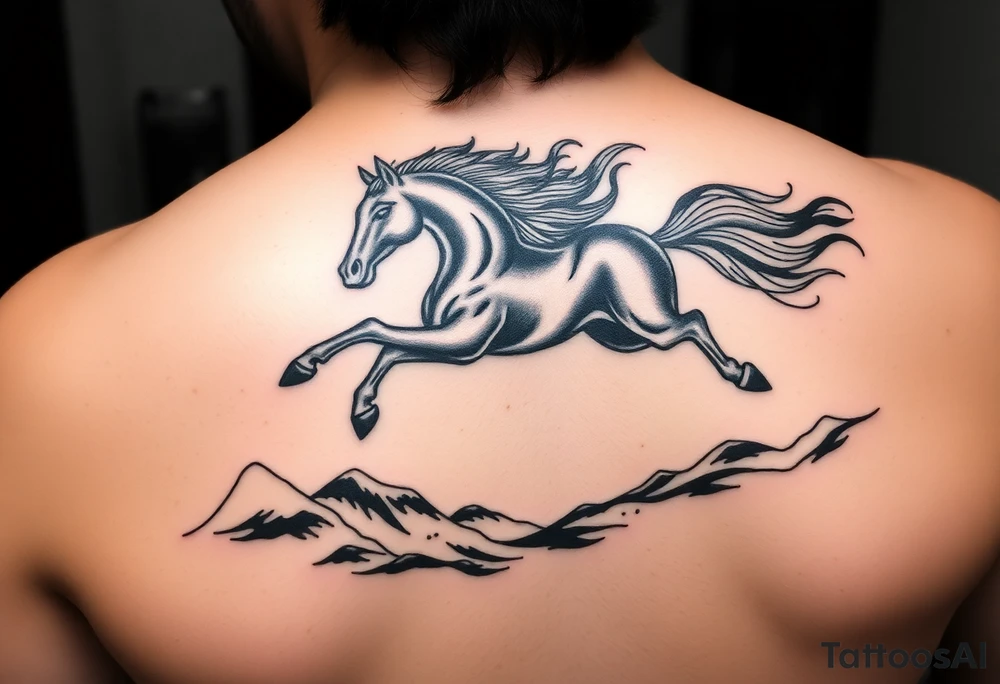 The tattoo represents a supernatural encounter with a golden horse with jet-black fur in the mountains of Choquequirao (Cusco, Peru). This mysterious, fleeting horse symbolizes strength, energy, and spiritual rebirth. It appeared at full speed, its hooves shaking the ground, its breath so powerful it drowned out all other sounds. The narrator felt no fear, only awe as the horse took a perfect curve, muscles tense, radiating power and grace. Its presence transformed the narrator, giving them the energy to complete an exhausting trek and leaving them with a profound connection to something greater. The tattoo aims to capture the essence of this moment: strength, speed, beauty, and the spirit of the mountain. For the design, consider drawing inspiration from Japanese tattoo art, known for its dynamic representation of animals like koi fish and dragons, emphasizing fluidity, movement, and symbolic power. tattoo idea
