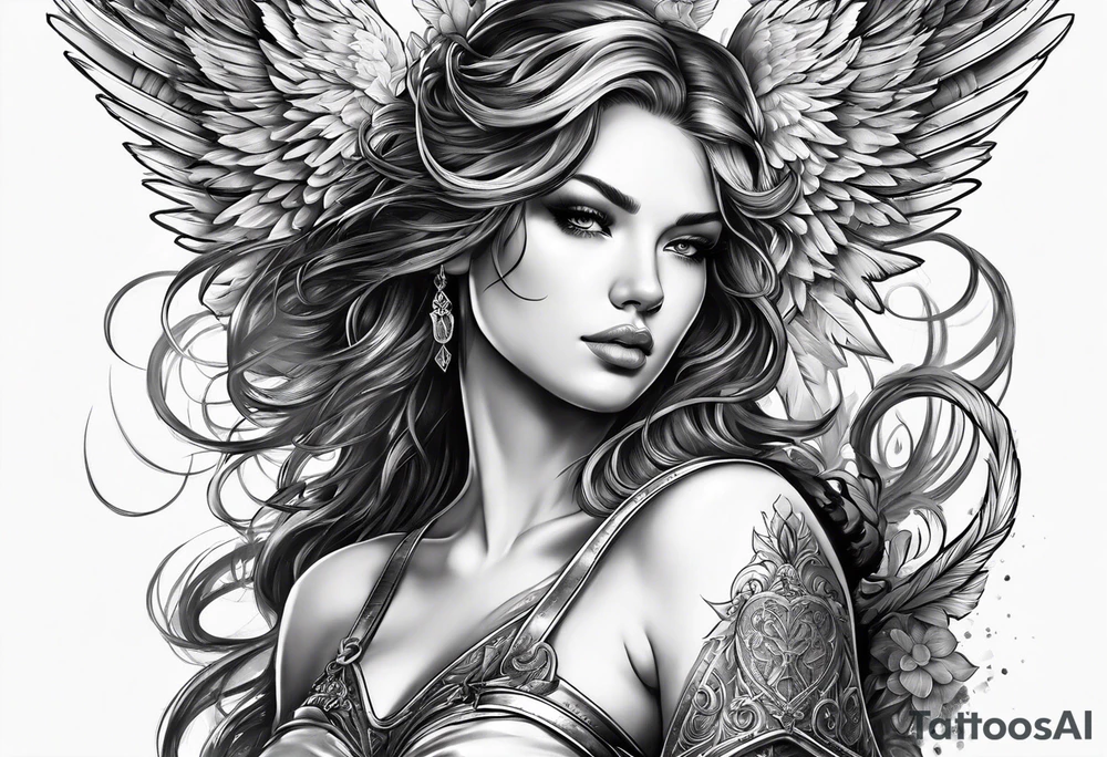 Female angel with sword and dominant tattoo idea