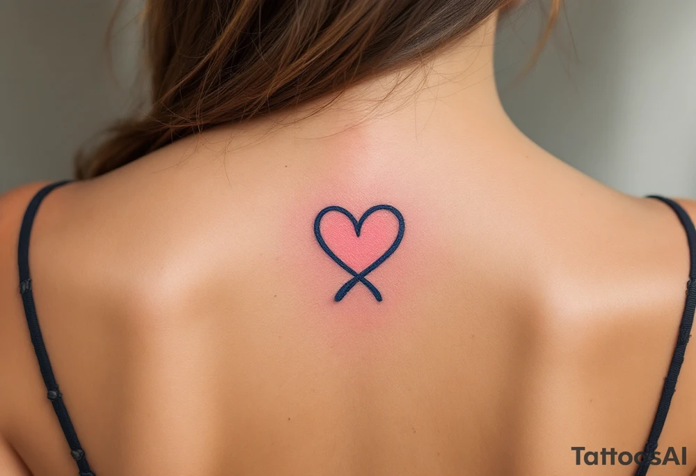A navy blue infinity figure embracing a glowing coral pink heart at the top located on the back of the head tattoo idea
