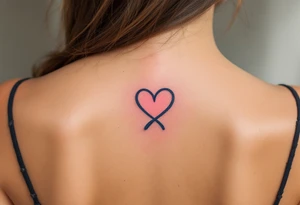 A navy blue infinity figure embracing a glowing coral pink heart at the top located on the back of the head tattoo idea