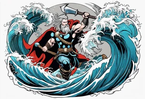 Thor fighting the world serpent in the ocean in a typhoon tattoo idea