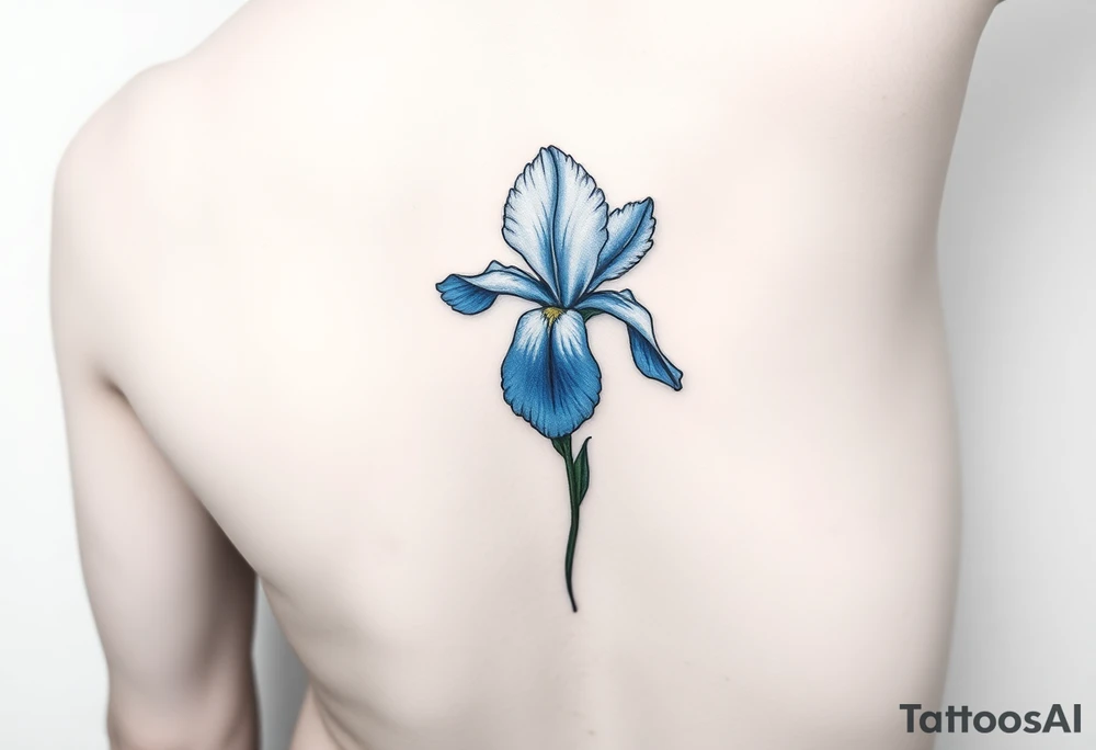 Single blue iris flower in the style of Van Gogh. One petal falling and one upright. Tattoo is to be on abdomen. tattoo idea