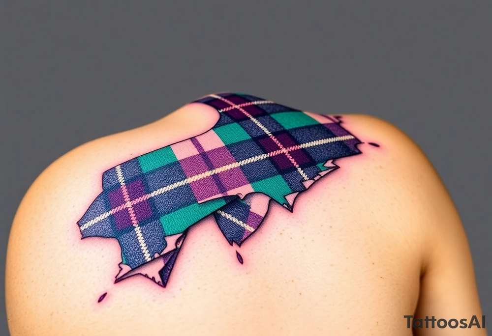 Side of arm Dark Purple with green pink blue and white highlights tartan fabric with skin peeling away at edges tattoo idea