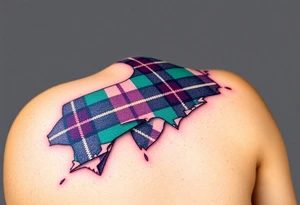Side of arm Dark Purple with green pink blue and white highlights tartan fabric with skin peeling away at edges tattoo idea