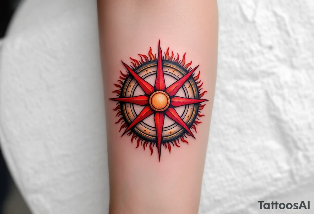 Kolovrat — A bold red eight-spoked sun wheel rotating clockwise, set in a circle with carved stone texture and shadowed edges, surrounded by flame-like rays. tattoo idea