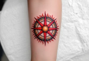 Kolovrat — A bold red eight-spoked sun wheel rotating clockwise, set in a circle with carved stone texture and shadowed edges, surrounded by flame-like rays. tattoo idea