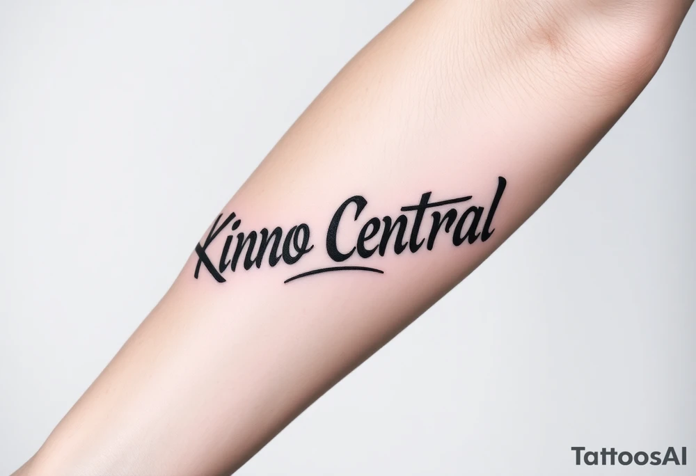 Forearm tattoo of the words kino central tattoo idea