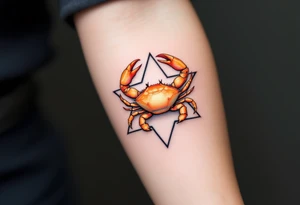 A vibrant orange crab rests at the center of the Cancer star pattern on a muted charcoal background. tattoo idea