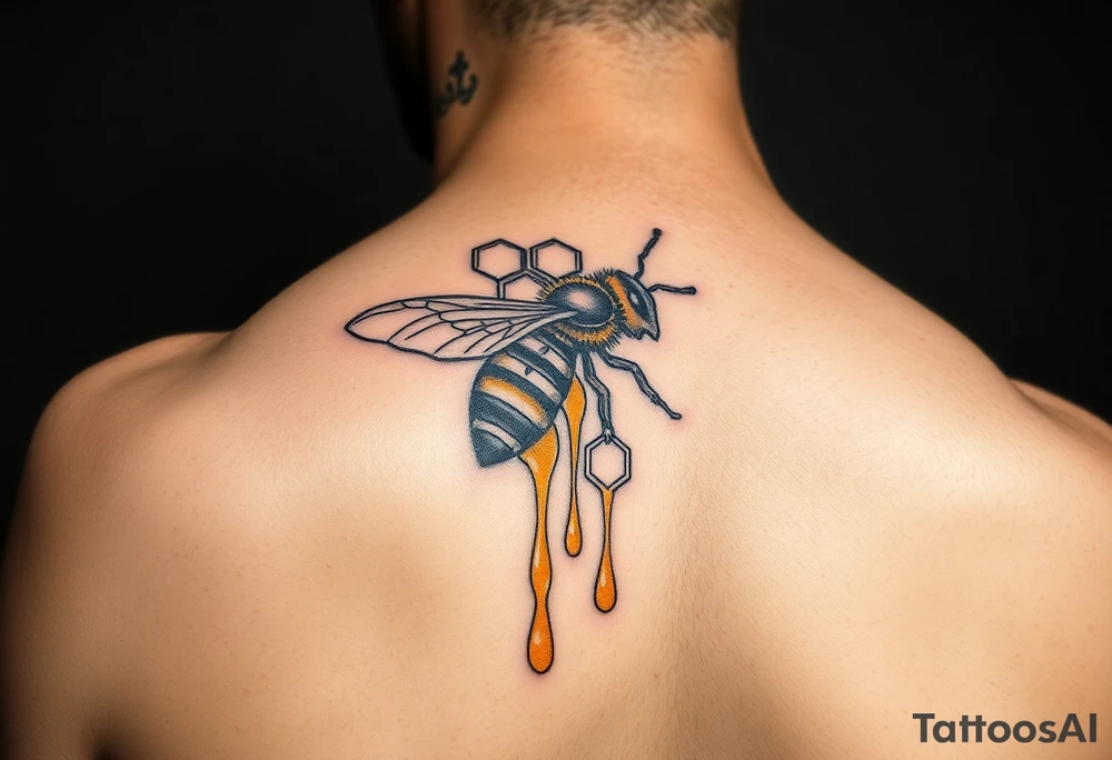 steampunk design of honeycomb with bee and dripping honey on the upper arm tattoo idea