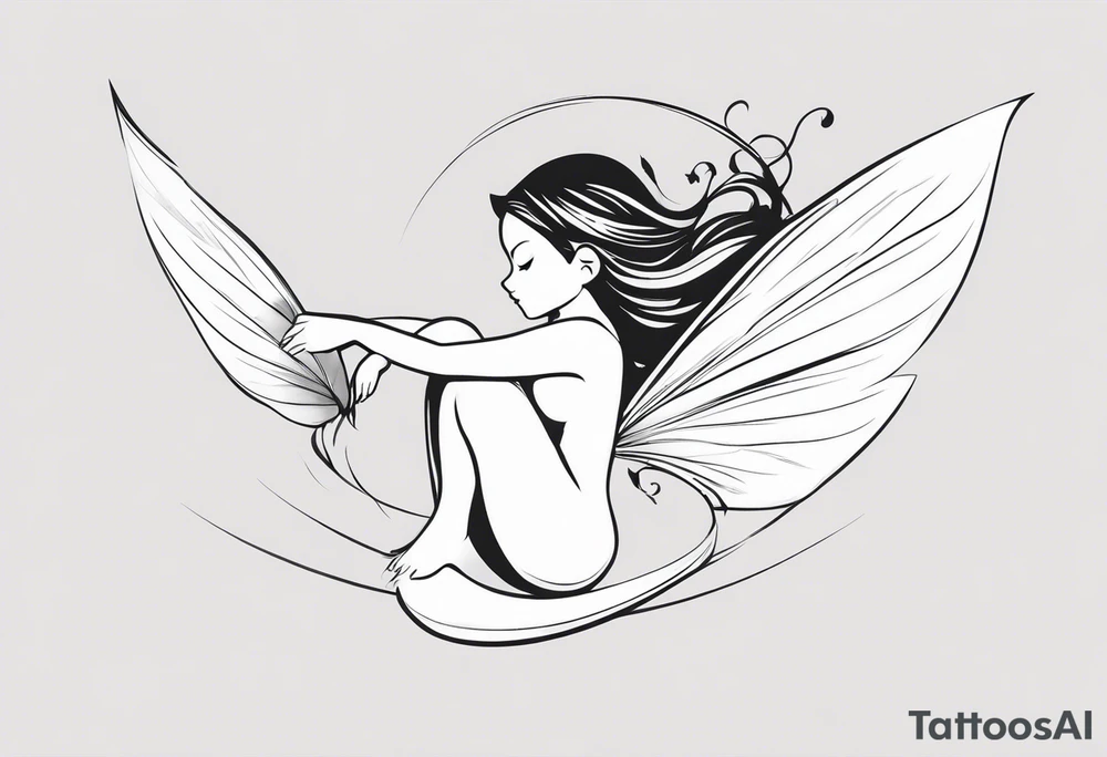 Minimalistic, monochromatic fairy with a tail flying to the left in a fetal position, leaning and looking in the same direction, with visible hands, embodying the 'Fairy Tail' logo aesthetic. tattoo idea