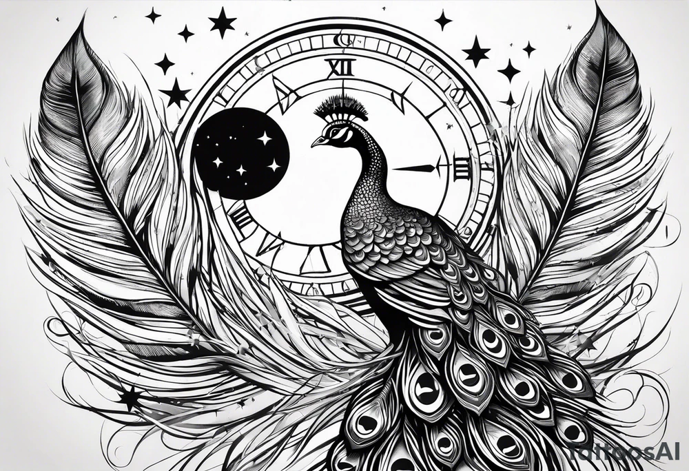 Peacock feather turning into a compass surrounded by stars tattoo idea