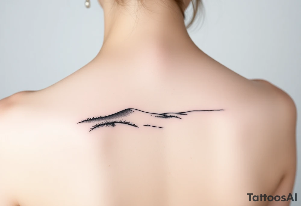 Landscape of sand dune and peasible sea (like in the north of France) in a minimalist style tattoo idea