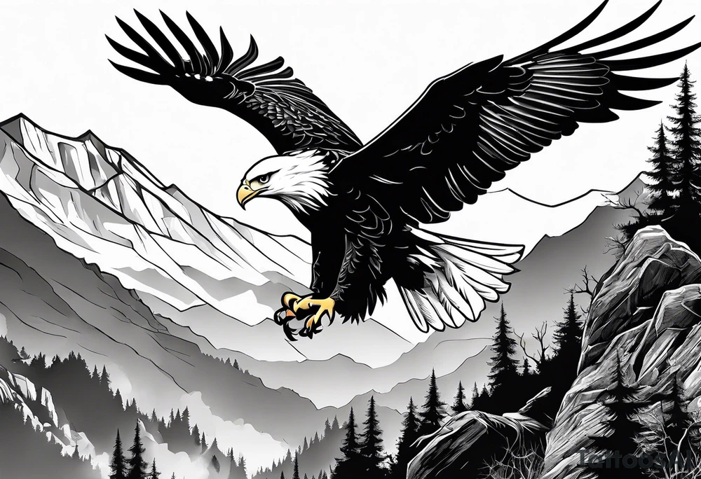 Eagle fighting a White Dove on a tree limb in the mountains tattoo idea