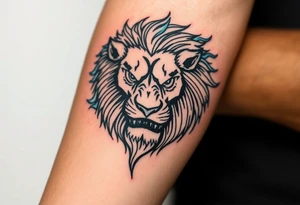 Powerful, fierce stoic lions head, whose mane turns into blue flames that swirl up my arm with blue embers tattoo idea
