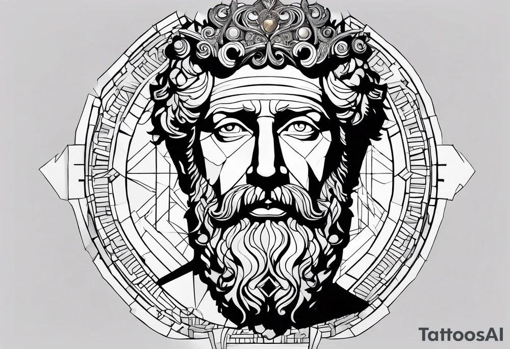 The Face of marcus aurelius with the lower left half missing. Geometric symbols framing the background tattoo idea
