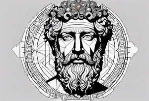 The Face of marcus aurelius with the lower left half missing. Geometric symbols framing the background tattoo idea
