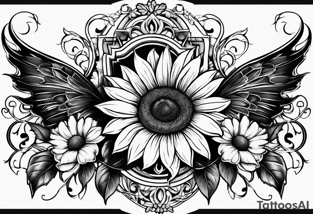 Winged cross with sunflowers and butterflies lower leg sleeve tattoo idea
