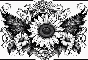 Winged cross with sunflowers and butterflies lower leg sleeve tattoo idea
