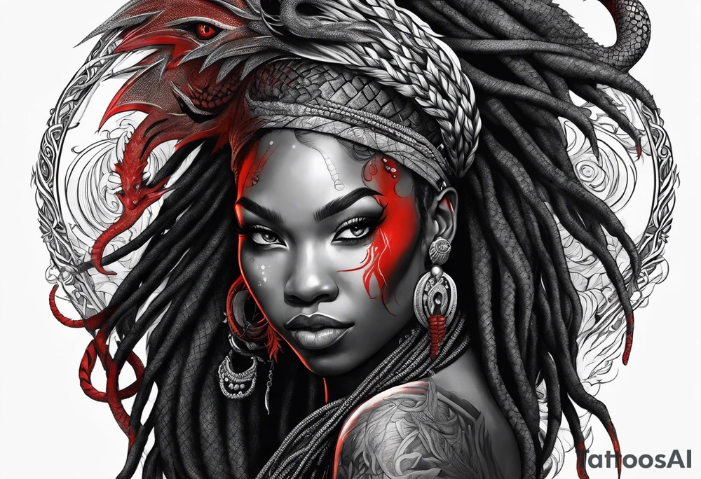 Red dragon wrapping around black woman with dreadlocks tattoo idea
