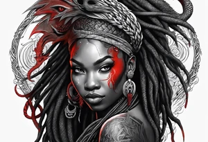 Red dragon wrapping around black woman with dreadlocks tattoo idea